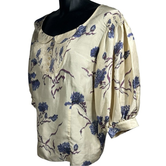 Girls from Savoy Silk Blouse Size 8 3/4 Puff Sleeve Beige Peter Pan Collar - Picture 6 of 10